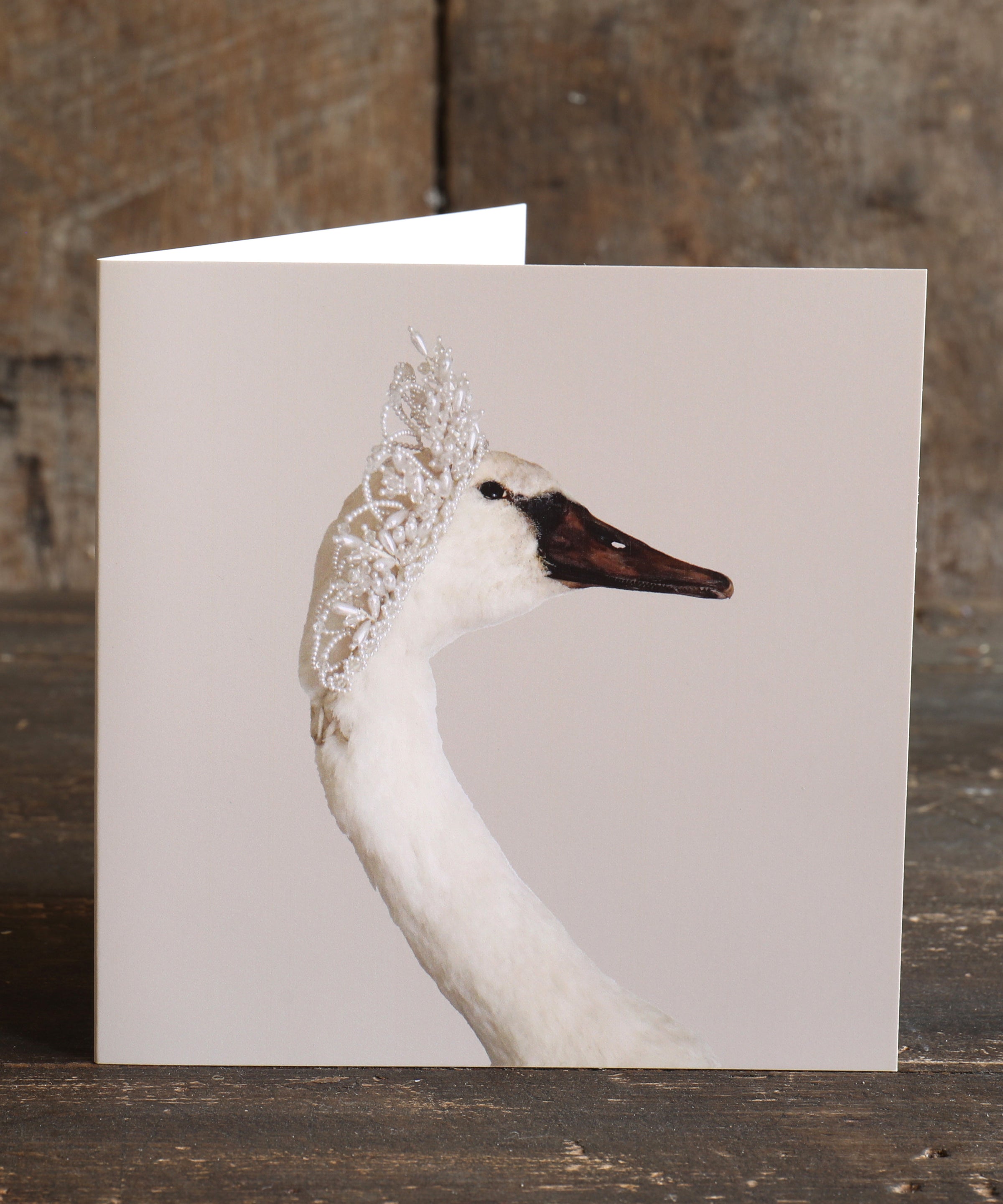 Greetings card with a design of an elegant swan wearing a pearl tiara placed on a wooden surface
