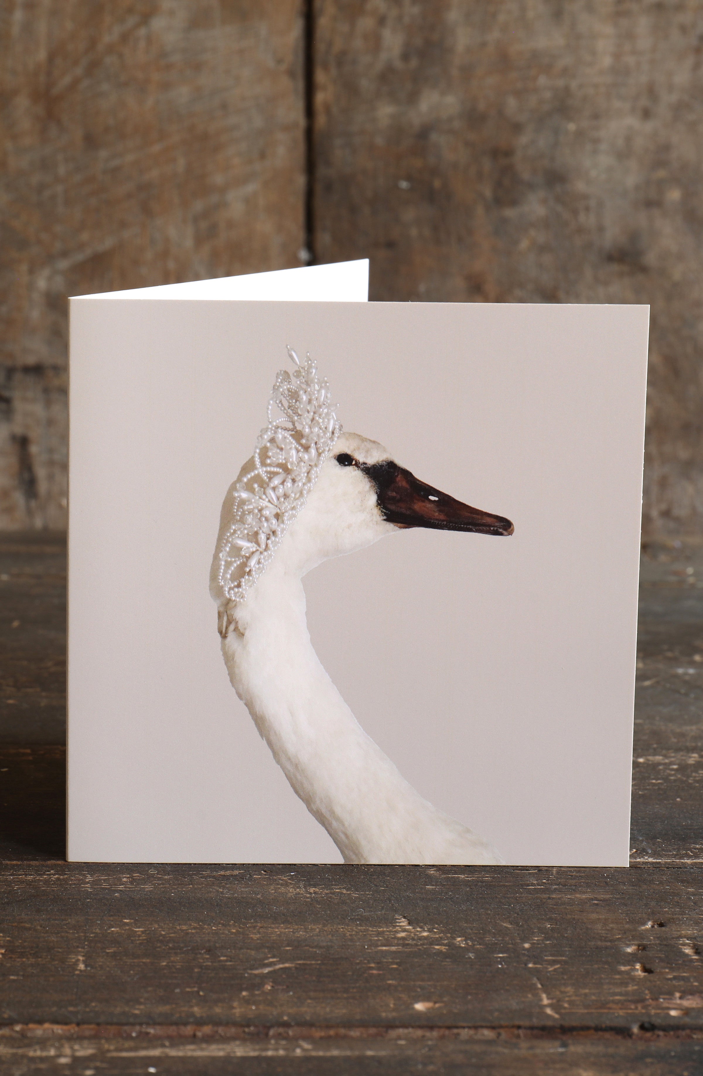 Greetings card with a design of an elegant swan wearing a pearl tiara placed on a wooden surface