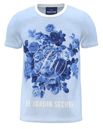 T-shirt featuring a blue floral design and white 'Le Jardin Secret' text 