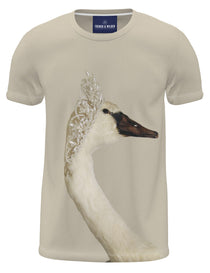 Beige t-shirt featuring a graphic of an elegant swan wearing a pearl tiara on a white background
